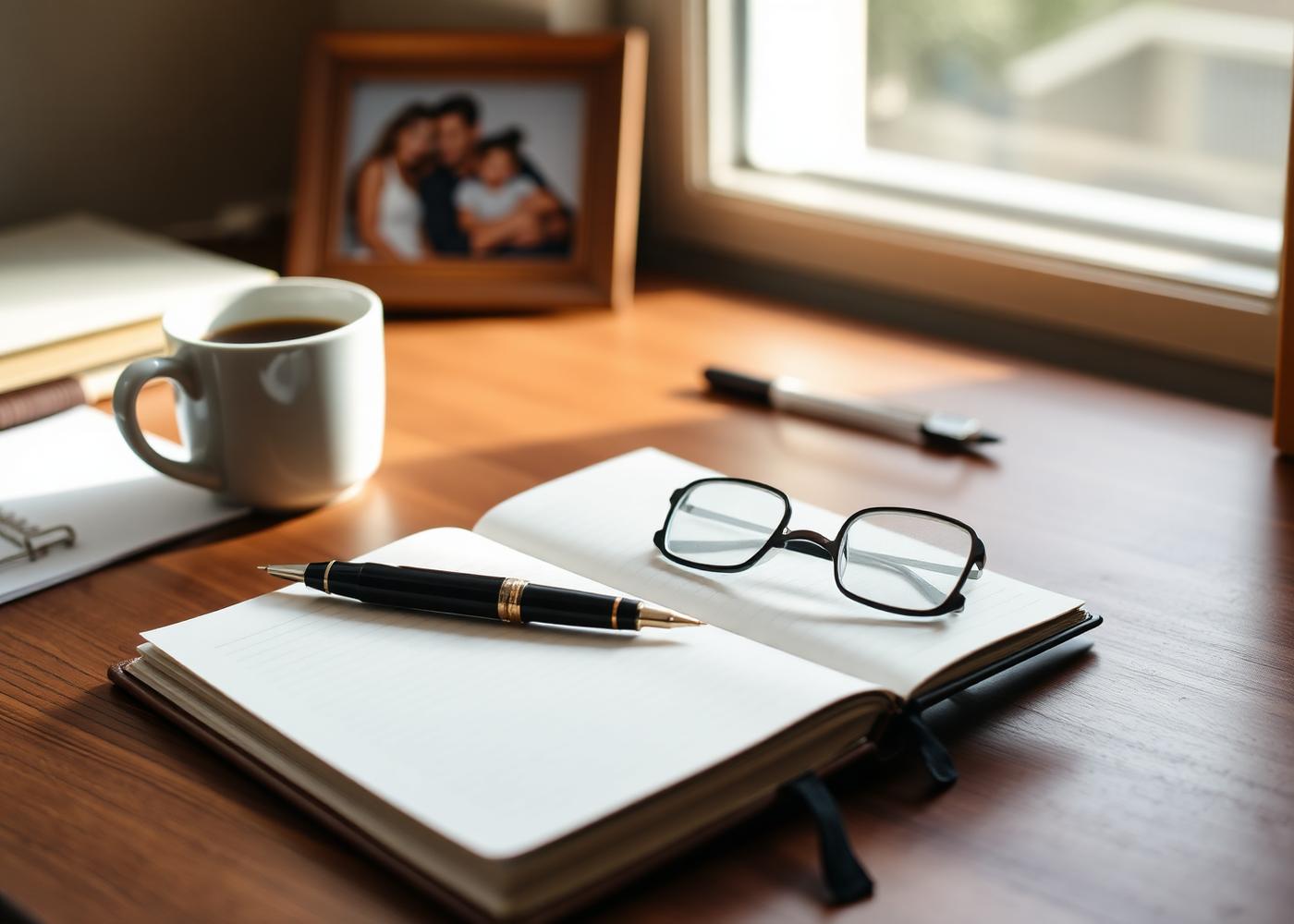 A quiet advisor's desk with notebook, fountain pen, and a family photo
