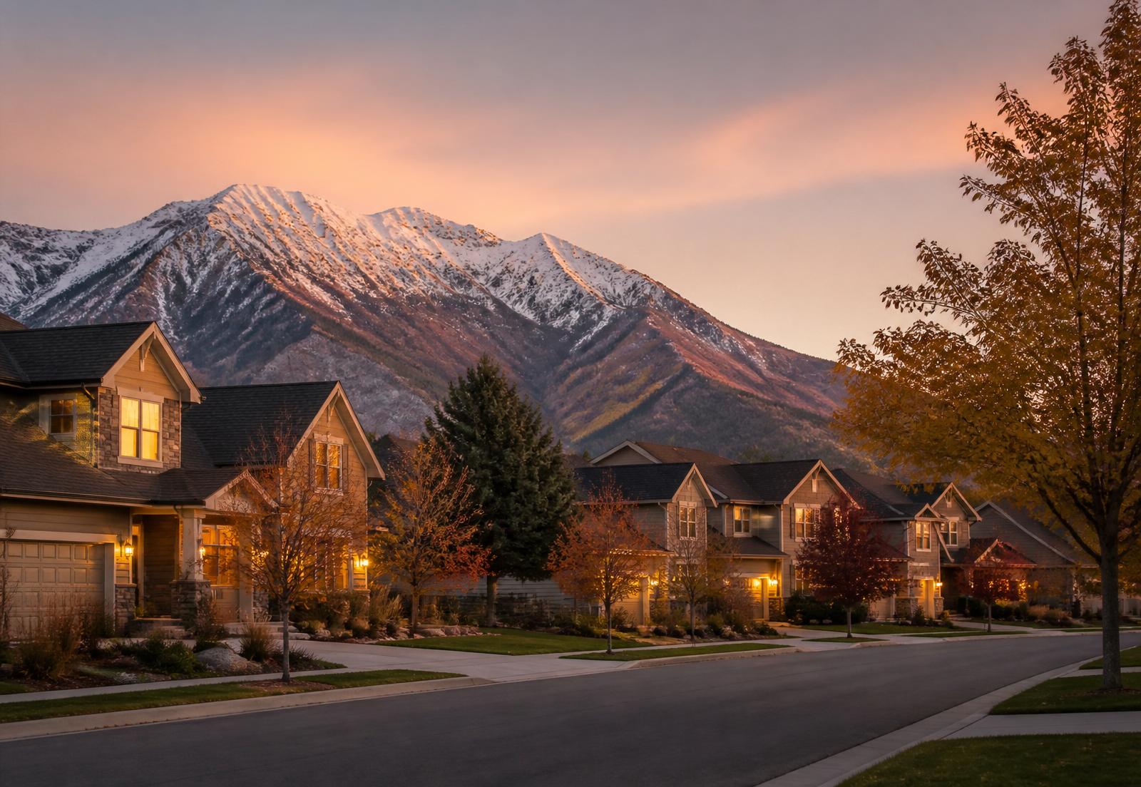 Davis County, Utah at dusk with the Wasatch Mountains behind